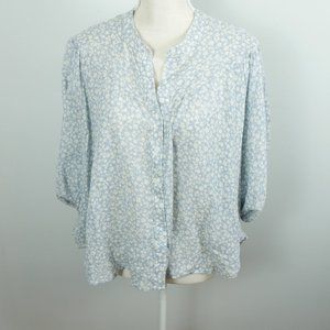 NSF Revolve Blue and White Floral Silk Button Up Blouse with Puff Tie Sleeves XS